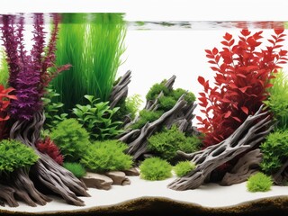 Wall Mural - A peaceful nature aquarium illustration with submerged plants, driftwood, and stones, portraying a balanced aquascape