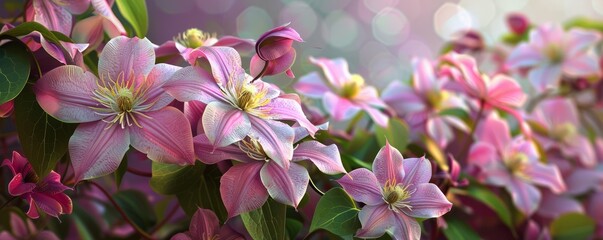 Blooming clematis with large, colorful flowers, 4K hyperrealistic photo