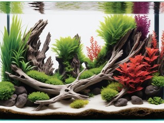 Wall Mural - A calming aquarium illustration featuring underwater plants, driftwood, and rocks, creating a serene aquascape