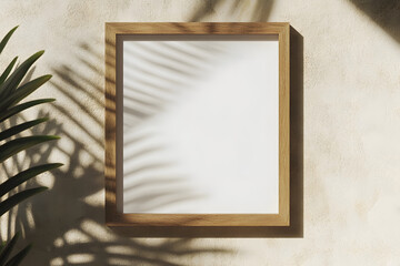 Wall Mural - Blank wooden picture frame mockup hanging. Shadows of palm leaves on beige limestone wall in sunlight. Abstract natural background, poster background. Grunge texture backdrop. Floral shadows overlay.