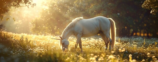 Wall Mural - Unicorn grazing in a sun-dappled meadow, 4K hyperrealistic photo