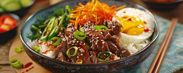 Spicy Korean beef bowl with rice, 4K hyperrealistic photo