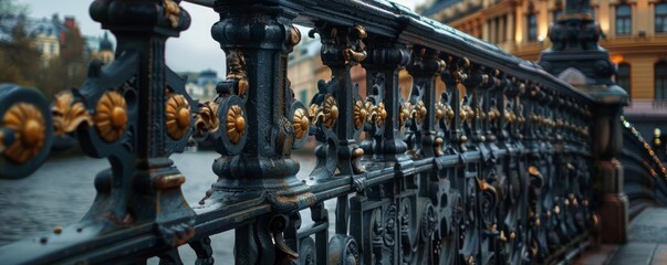 Bridge with ornate iron railings and historical charm, 4K hyperrealistic photo