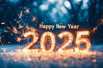 Golden illuminated numbers showing happy new year 2025 with bright sparklers glowing in a festive winter scene creating joy
