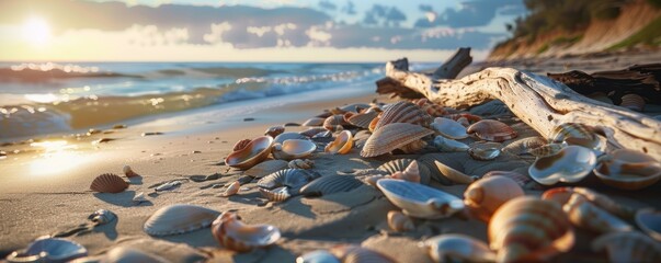 Wall Mural - Beach with seashells and driftwood scattered along the shore, 4K hyperrealistic photo