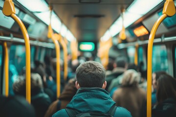 A crowded subway car with a man in the middle of the crowd