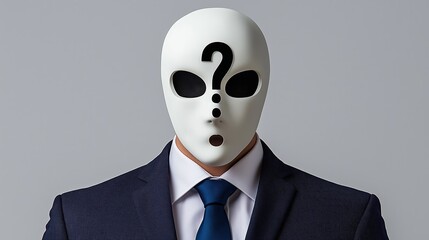 A man wearing a suit and tie with a mask on his face. The mask has a question mark on it