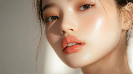 Wall Mural - Close-up of the model, delicately applying lip gloss with her lips slightly parted, highlighting the glossy texture of the lip gloss under the soft lighting.