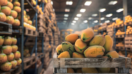 Wall Mural - Papaya harvested in wooden boxes in a warehouse. Natural organic fruit abundance. Healthy and natural food storing and shipping concept.