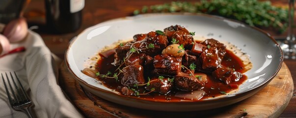 Wall Mural - Rich beef bourguignon with red wine sauce, 4K hyperrealistic photo