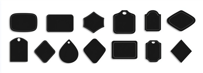 Black silhouettes of various shaped labels with rounded corners, each having no text and isolated on a white background