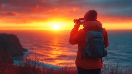 Sticker - Photographer Capturing a Dramatic Sunset over the Ocean