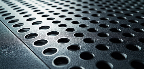 Wall Mural - Close-up of black perforated metal with round holes, creating an abstract, industrial pattern with a reflective surface.