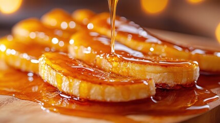 Delicious bananas drizzled with rich caramel sauce, perfect for dessert or as a sweet treat on a wooden surface.