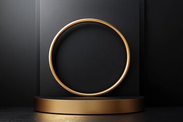 3D podium background. golden cylinder pedestal with golden ring on black wall scene. Black friday. Platforms mockup product display presentation. with generative ai