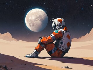 Astronaut Gazing and Contemplating at a Distant Planet