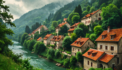 Poster - Village idyllique de montagne au bord de la rivière