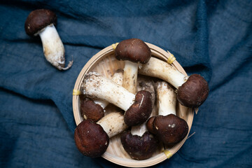 fresh mushroom in bamboo basket