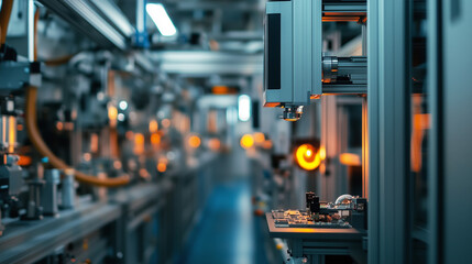 Wall Mural - a close-up of an automated assembly line in a high-tech factory, showcasing precision machinery and 