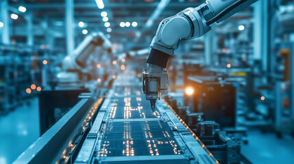 Wall Mural - a robotic arm works on an automated assembly line in a modern factory, showcasing precision, technol