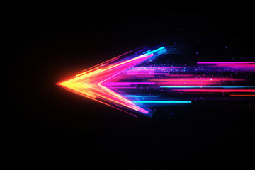 A colorful arrow made of glowing light beams, pointing right at the center on a black background he arrow forms an elegant and dynamic shape with a sense of motion and speed .