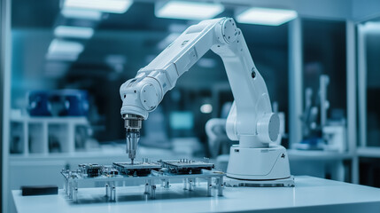 Wall Mural - a robotic arm meticulously assembles components on a circuit board in a modern laboratory, highlight