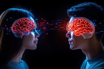 Canvas Print - Flexible Emotional resonance Futuristic couple with red glowing brain overlays symbolizing the electrifying connection and dynamic energy of their shared thoughts