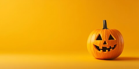 A Halloween pumpkin with a smiling face on a yellow background. Halloween Concept