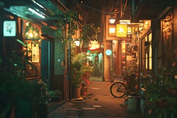 Wall Mural - A nostalgic urban alleyway with gently glowing street lamps and quiet ambiance. Cozy vibe, Generative AI