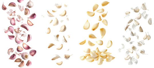 Poster - A falling clove of garlic is isolated on a white background, with a full depth of field