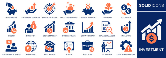 Wall Mural - Investment icon set. Collection of economy, financial growth, profit and more. Vector illustration. Easily changes to any color.