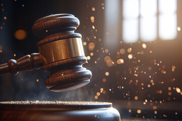 A wooden gavel strikes with spark particles flying in a courtroom setting symbolizing justice legal decisions and authority
