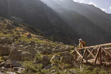 A woman is walking on a bridge over a rocky field