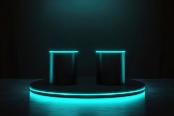 Abstract black scene with two cylinder podiums template with glowing neon blue light trails as light effect for presentation cosmetic products, advertising. with generative ai