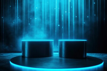 abstract black scene with two cylinder podiums template with glowing neon blue light trails as light