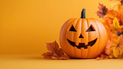 A cheerful pumpkin with a carved face on a vibrant yellow background, surrounded by autumn leaves. Perfect for Halloween themes.