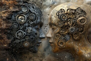 Wall Mural - Expressive Interpersonal Mechanical faces illustrating a complex integration of human thought and machine intelligence exploring the boundaries between consciousness and artificial constructs