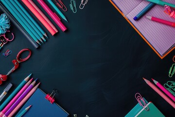 Flat lay of school supplies on dark blue table, colorful arrangement, back to school, copy space.