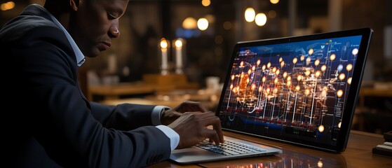 A male IT specialist sits in front of monitors with many lights. Profession of a developer or tester of the future. Illustration on the theme of working from home at the computer