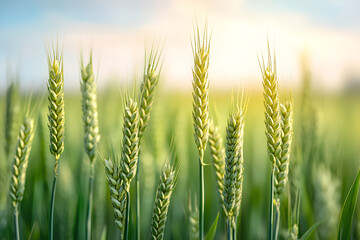 Close-up of green wheat stalks in a field with a blue sky and sunbeams in the background