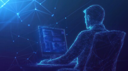Digital Man Working on a Computer