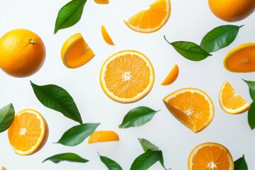 Flying fresh raw whole and sliced oranges with leaves on white background. Falling oranges