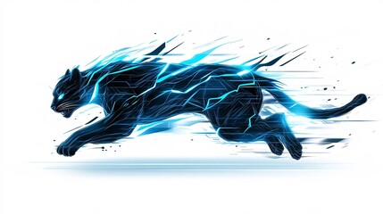 Icon illustration, lightning panther, sleek black fur with electric blue stripes, mid-leap, dynamic fur and lightning details, angled side view, white background with faint lightning effects