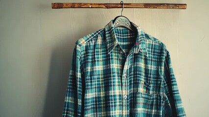 Canvas Print - Plaid shirt on wooden hanger against pale wall