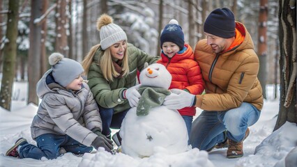 Sticker - happy parents and children gathering in snow cover