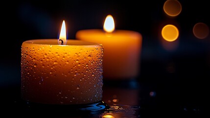 Candlelight Serenity: Two flickering candles, bathed in a warm glow, create a calming and peaceful atmosphere. The soft light, accentuated by the delicate droplets of water, invites contemplation and 