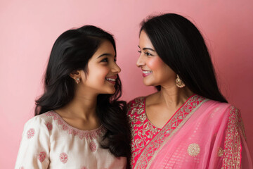 Wall Mural - A studio portrait of an Indian mother and daughter looking at each other and smiling