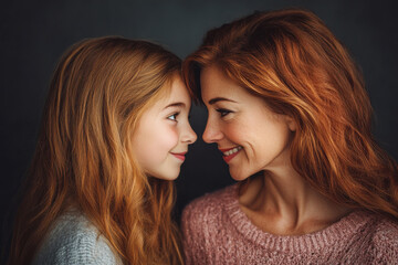 Wall Mural - A studio portrait of an European mother and daughter looking at each other and smiling