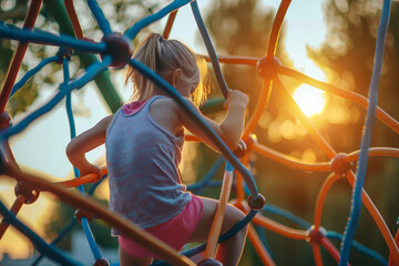 Wall Mural - Excited happy children playing outdoors alone with friends mom dad family, urban city town modern playground, Generative AI