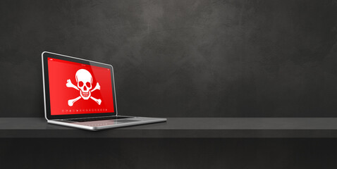 Laptop on a shelf with a pirate symbol on screen. Hacking concept